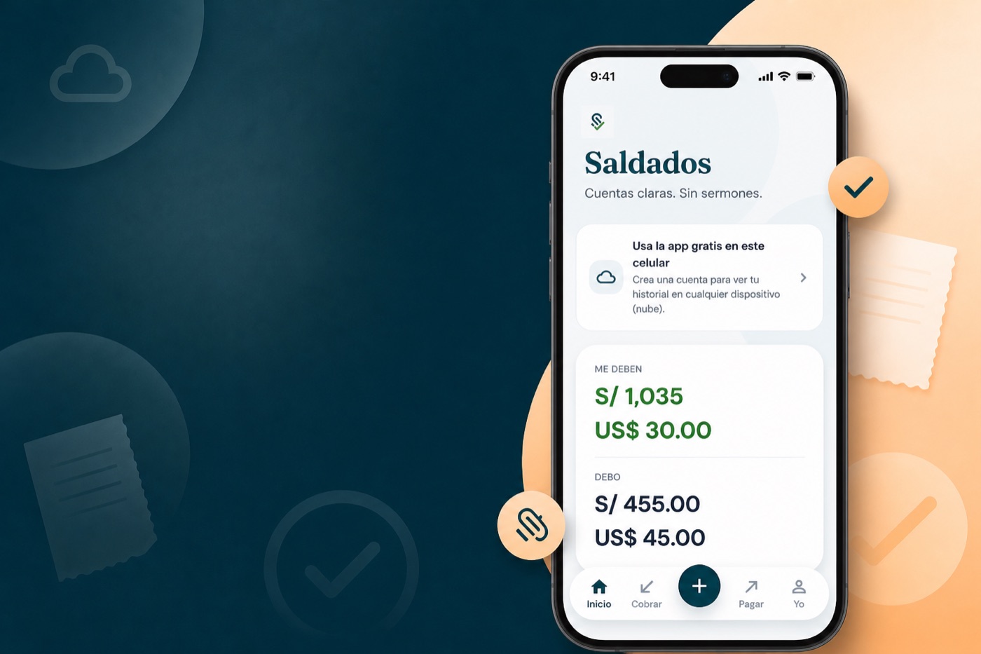 Saldados en el celular — inicio con totales Me deben y Debo